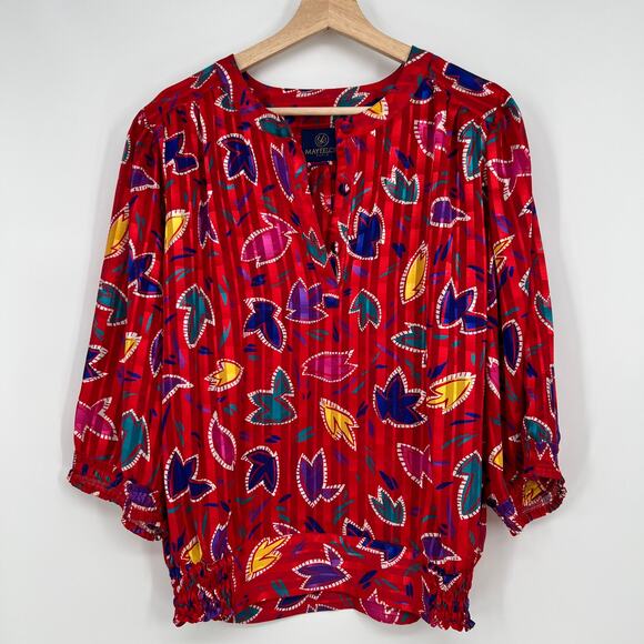 Vintage Mayeelok Paris Skirt Blouse Set Womens M Red Colorful Pleated Midi Satin - Picture 2 of 11